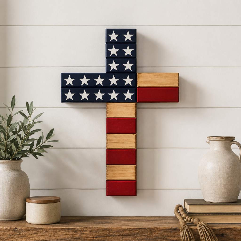 Handmade American flag wooden cross in a patriotic finish, made in West Virginia