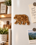 Laser-cut wooden West Virginia bear magnet with engraved West Virginia lettering