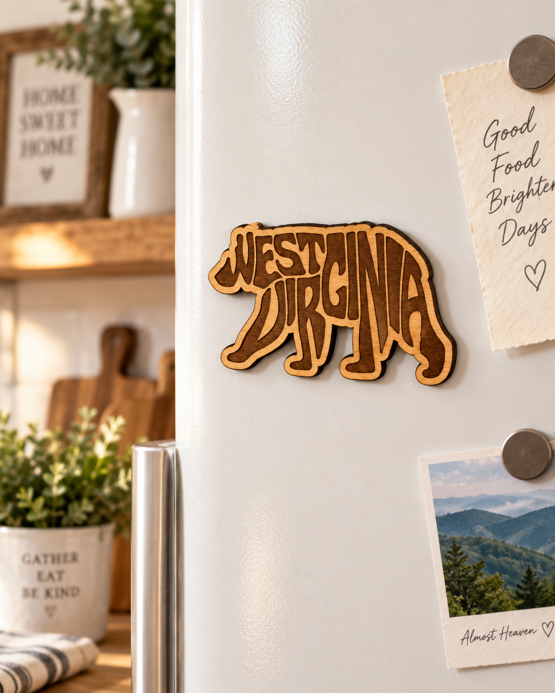 Laser-cut wooden West Virginia bear magnet with engraved West Virginia lettering