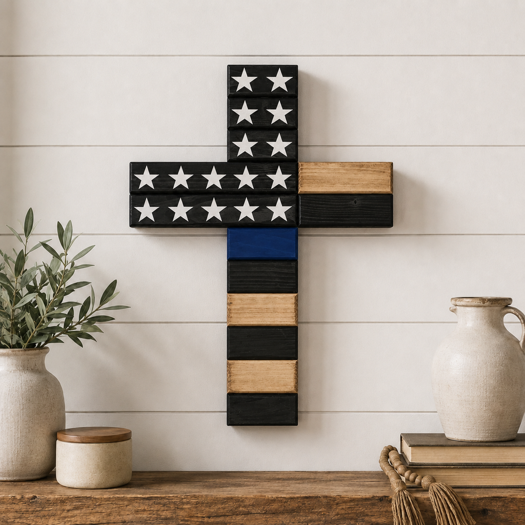 Handmade American flag wooden cross in a patriotic finish, made in West Virginia