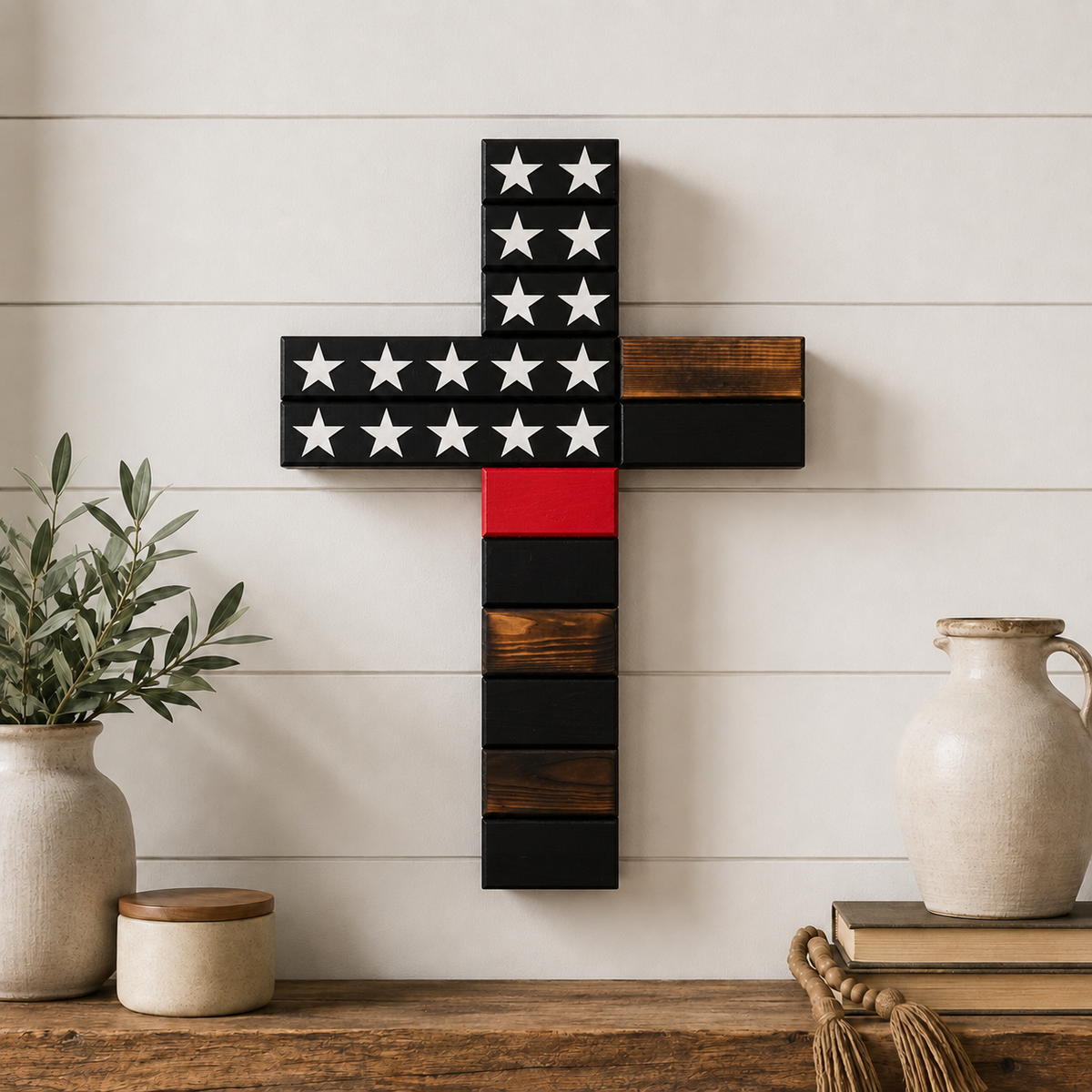 Handmade American flag wooden cross in a patriotic finish, made in West Virginia