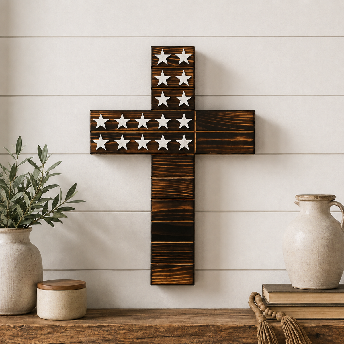 Handmade American flag wooden cross in a patriotic finish, made in West Virginia