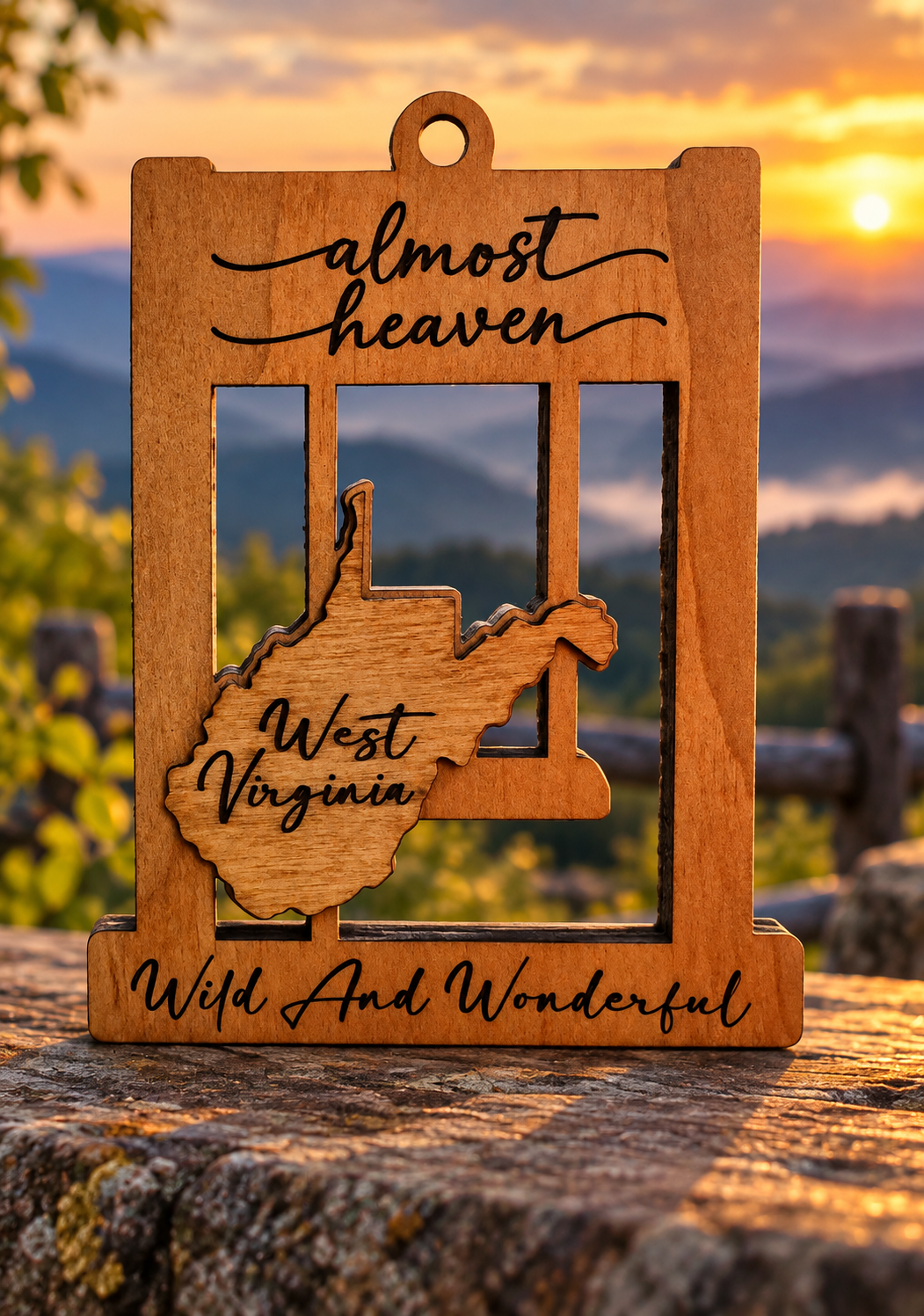 Almost Heaven West Virginia wooden ornament with Wild and Wonderful design