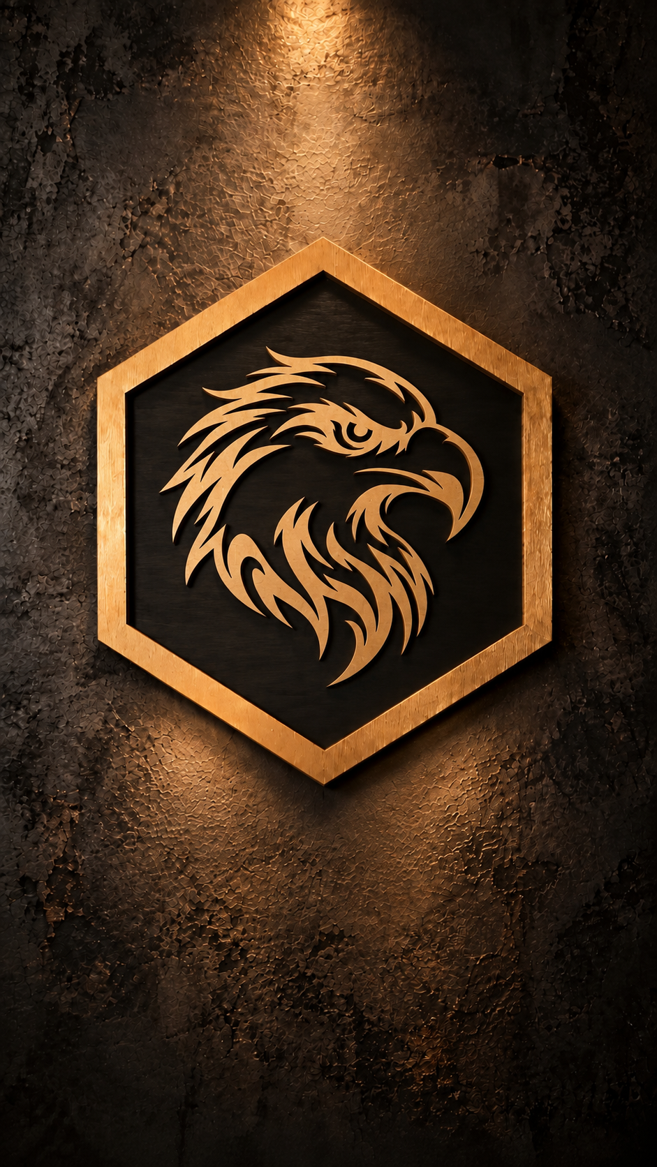 Decorative eagle wall sign with wood-tone eagle and border on a dark hexagon background