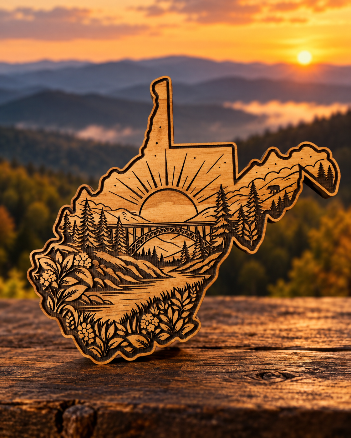 Engraved West Virginia shaped wooden plaque with mountain, bridge, forest, wildlife and sunset scene