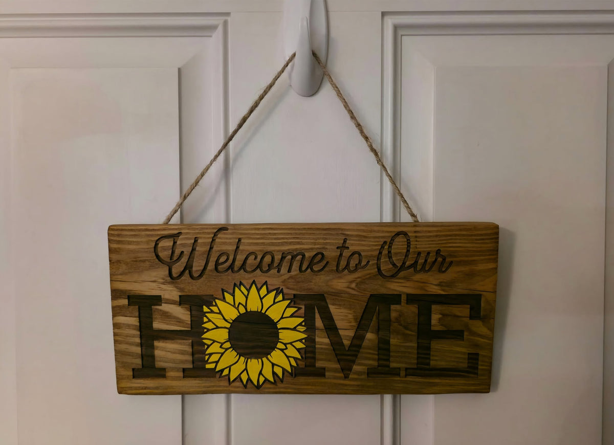 Welcome to Our Home wooden sunflower hanging sign
