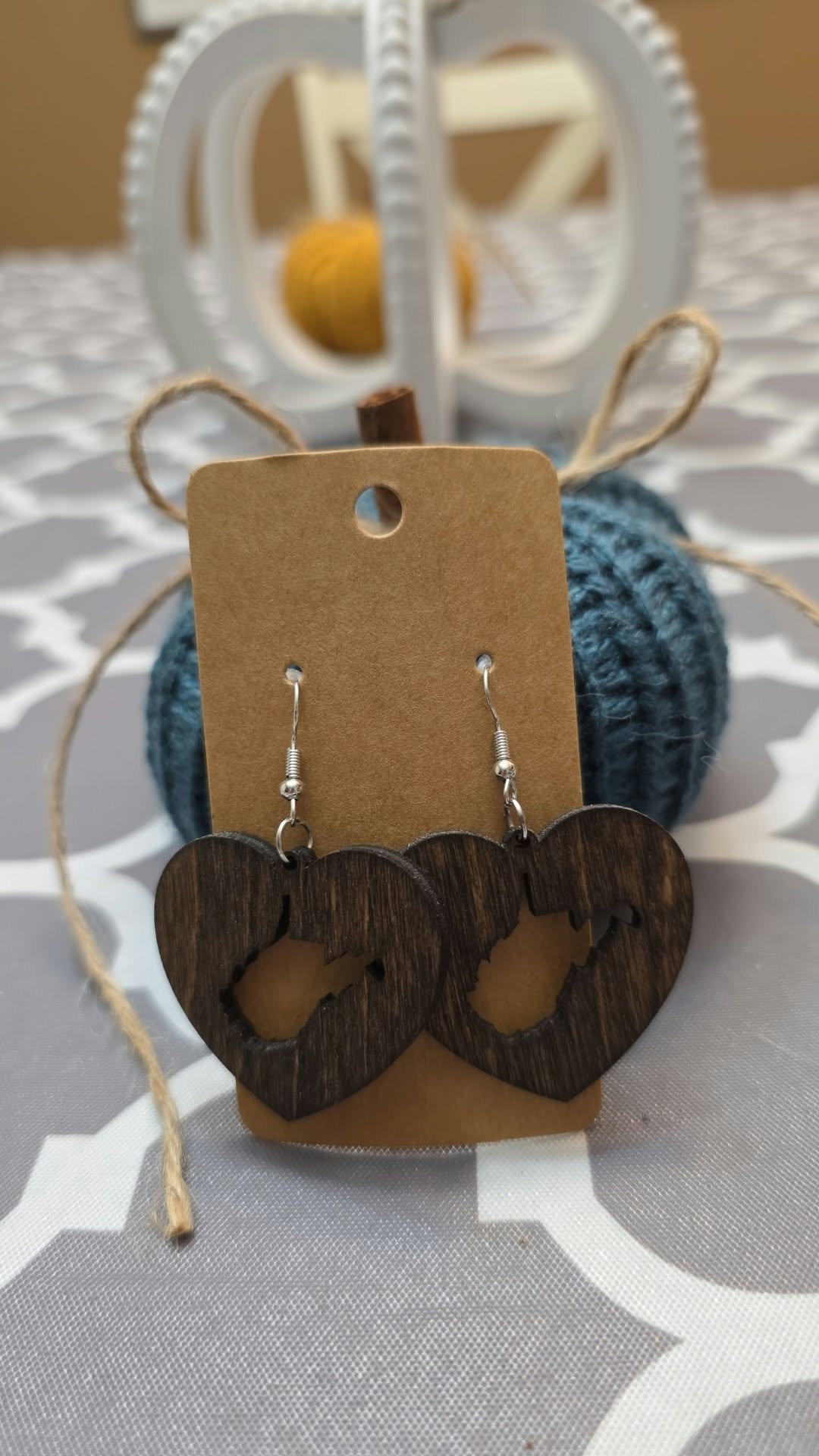 Dark wood heart earrings with West Virginia cutout