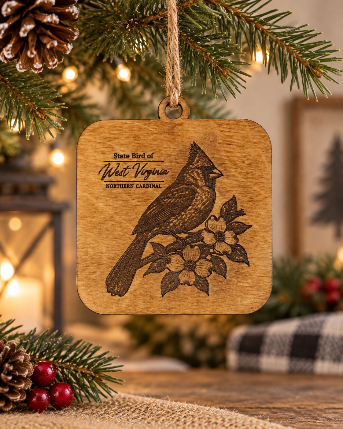 Laser engraved West Virginia Northern Cardinal wooden Christmas ornament