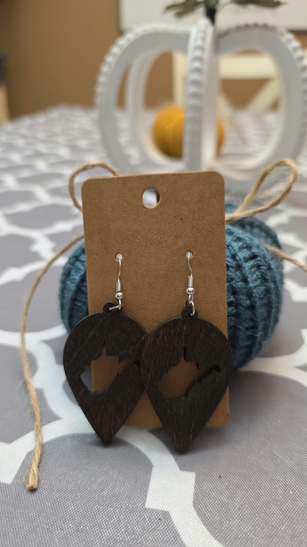 Pointed teardrop dark wood earrings with West Virginia cutout