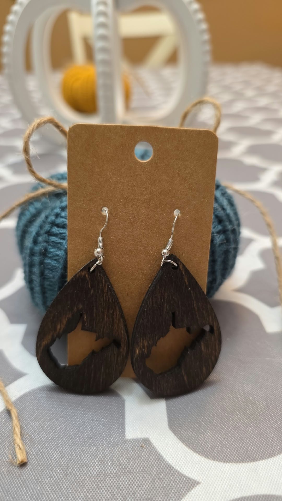 Dark wood teardrop earrings with West Virginia cutout