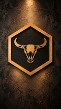 Western bull skull wall sign with wood-tone skull and border on a dark hexagon background