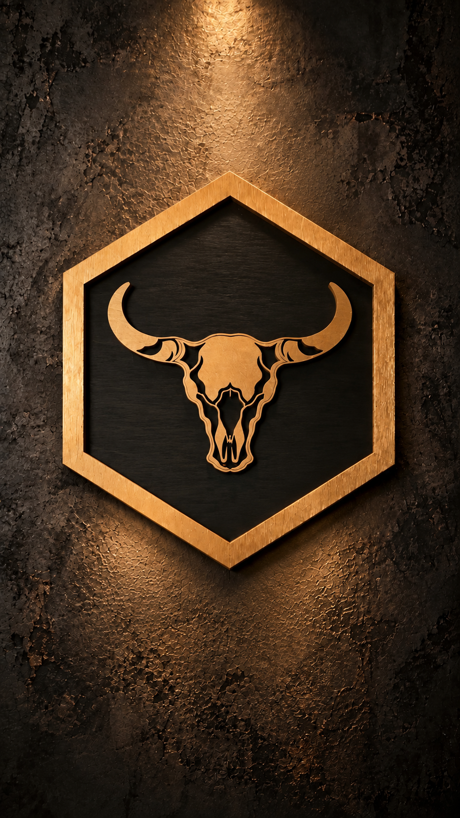 Western bull skull wall sign with wood-tone skull and border on a dark hexagon background